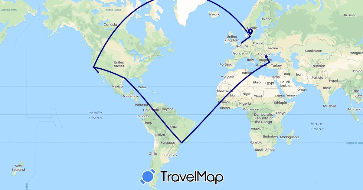 TravelMap itinerary: driving in Brazil, Denmark, Netherlands, Romania, Turkey, United States (Asia, Europe, North America, South America)